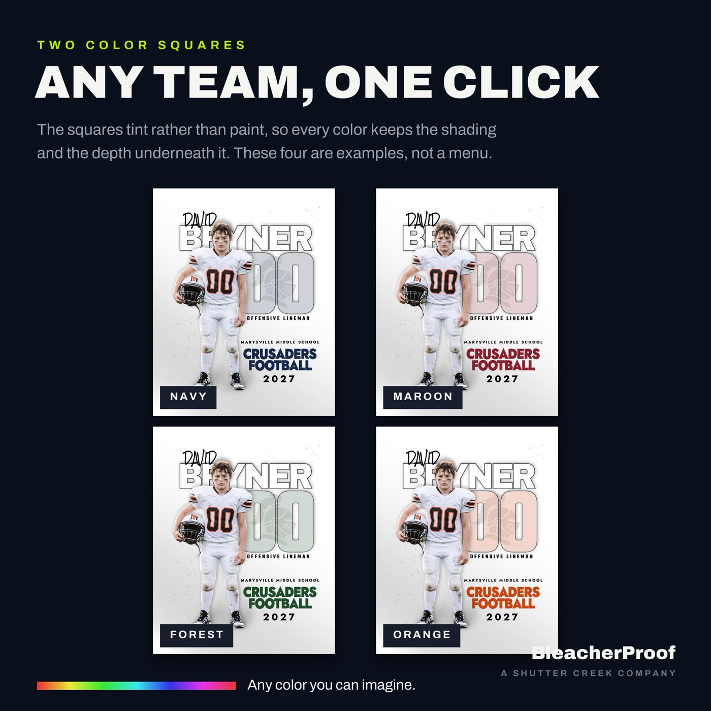 Football player poster recolored to four different team colors
