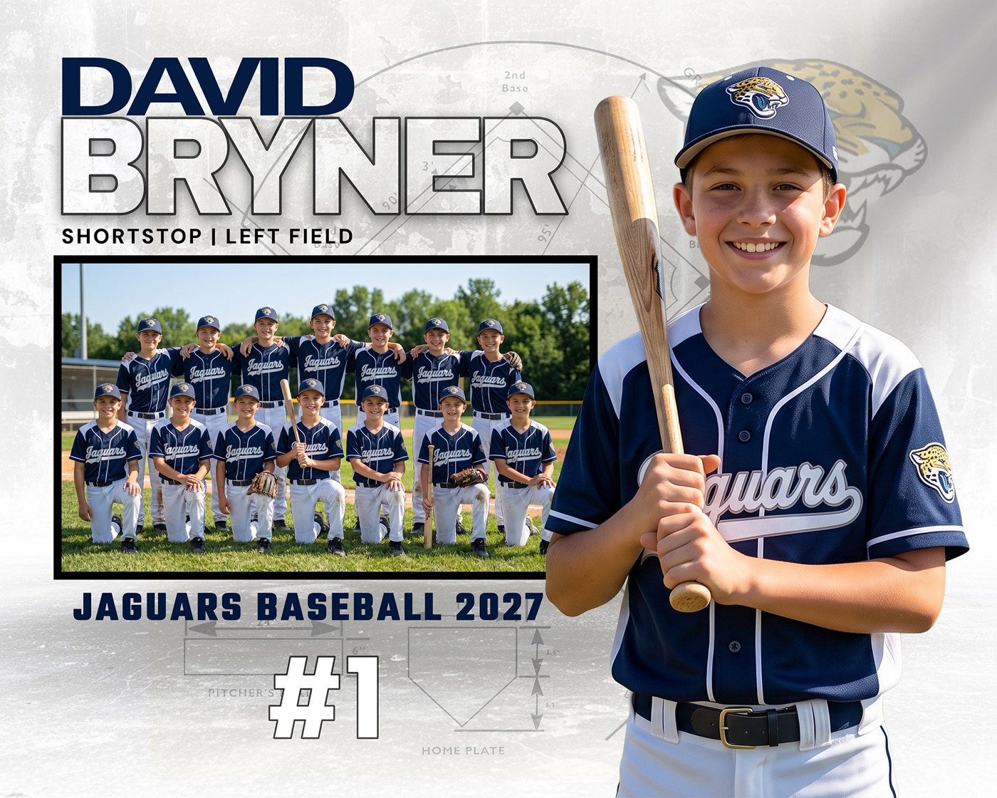 Blueprint memory mate template: framed team photo, player cutout, and big outlined last name on a concrete and blueprint backdrop