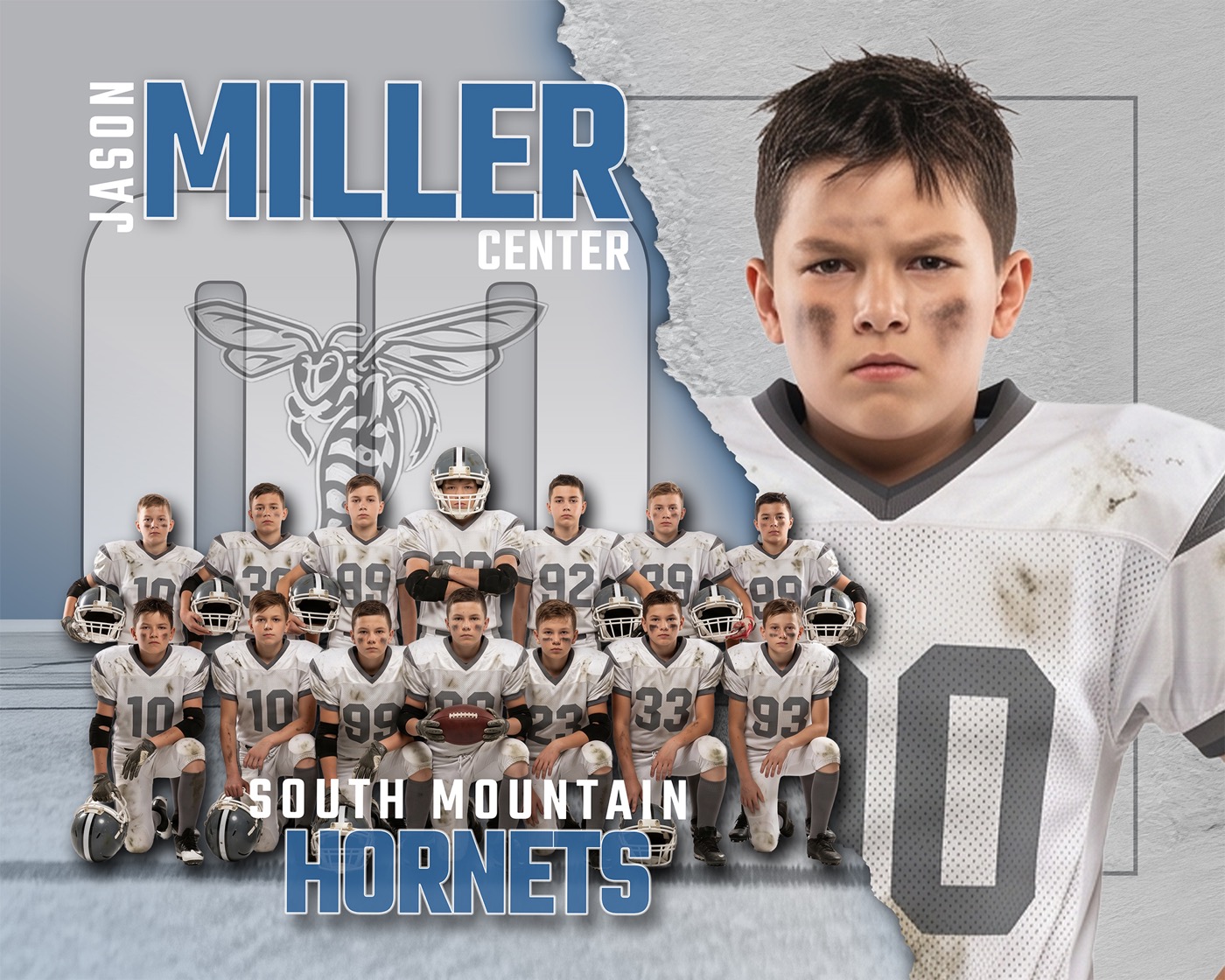 Torn memory mate template: team photo on the left, player close-up on the right behind a torn paper edge, big outlined last name across the top