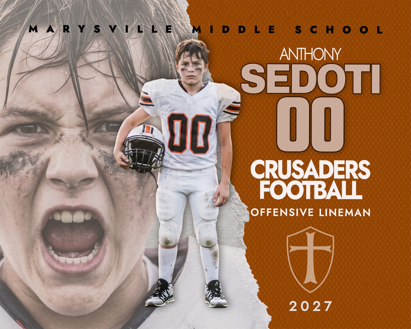 Torn player photo template: dramatic close-up on one side, player cutout over a torn paper edge, and a team color panel with outlined last name