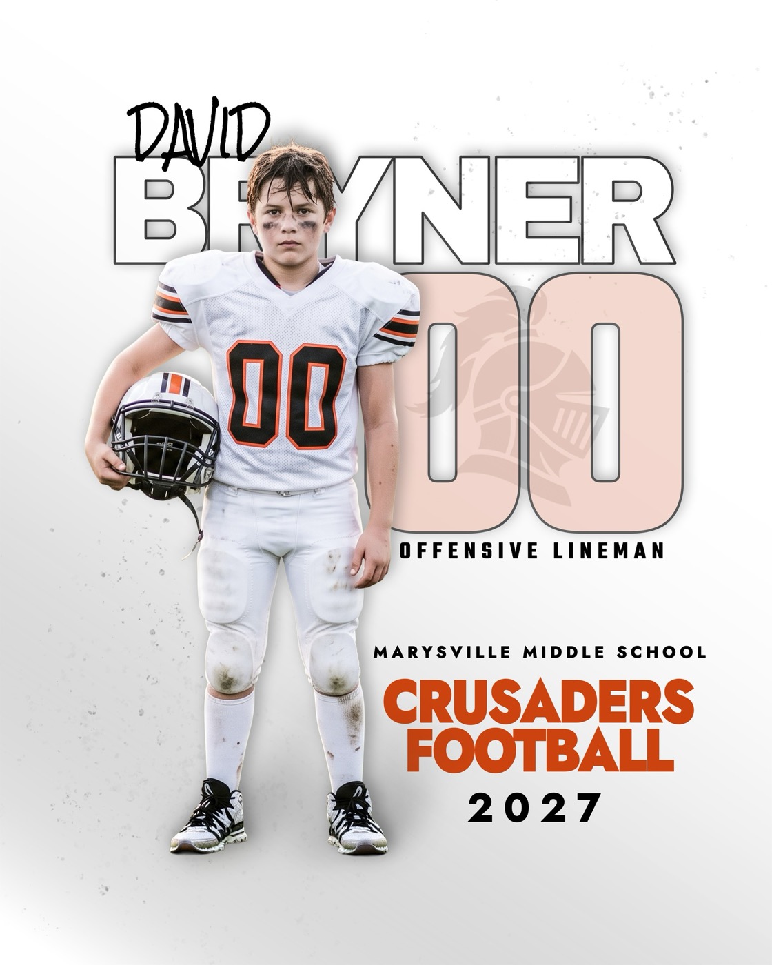 Football player poster template: script first name over a big outlined last name, ghosted jersey number, and team lockup