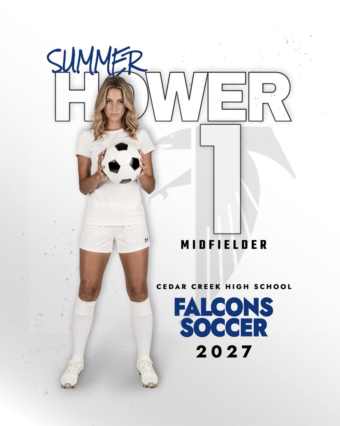 Soccer player poster template: script first name over a big outlined last name, ghosted jersey number, and team lockup