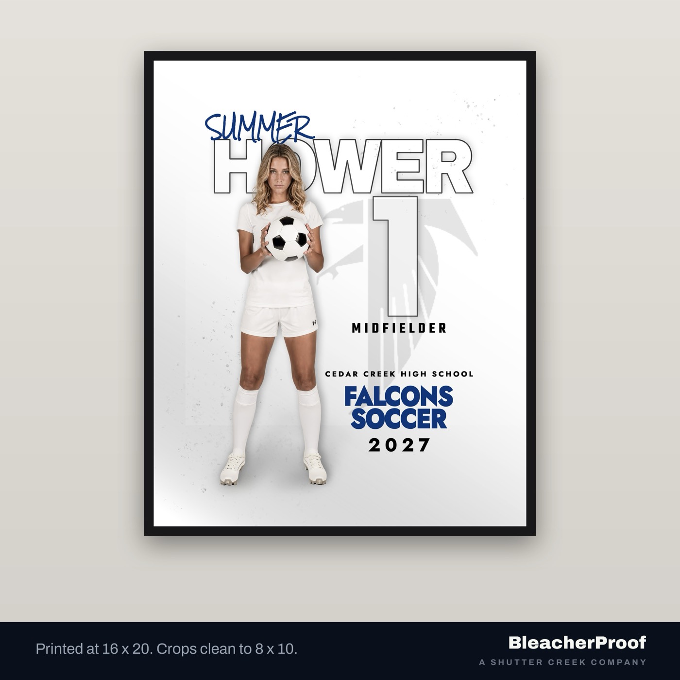 Soccer player poster printed and framed on a wall