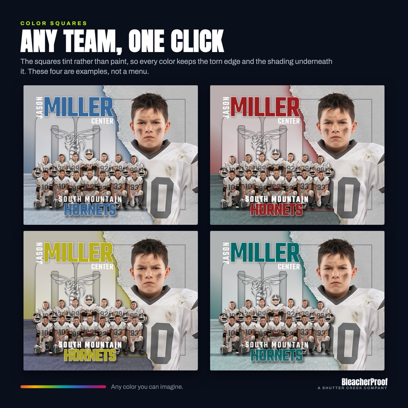 Torn memory mate template shown in four different team colors