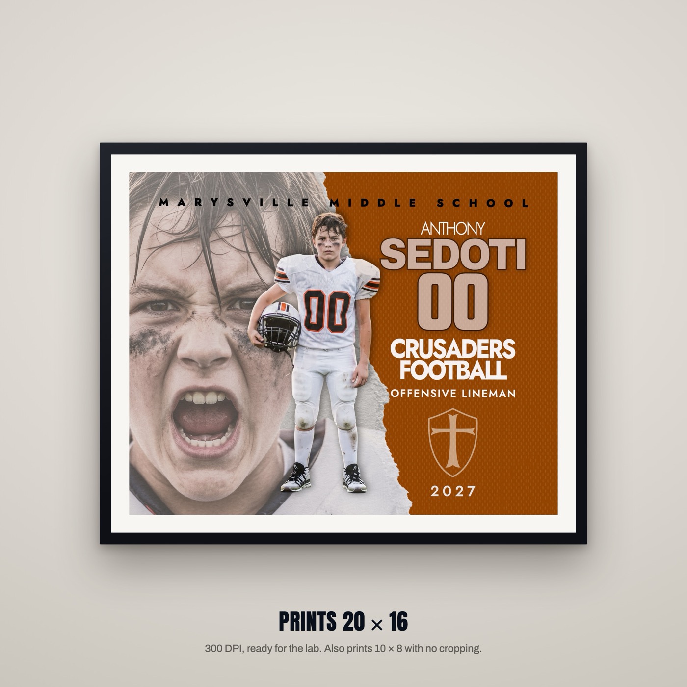 Torn player photo template printed and framed on a wall