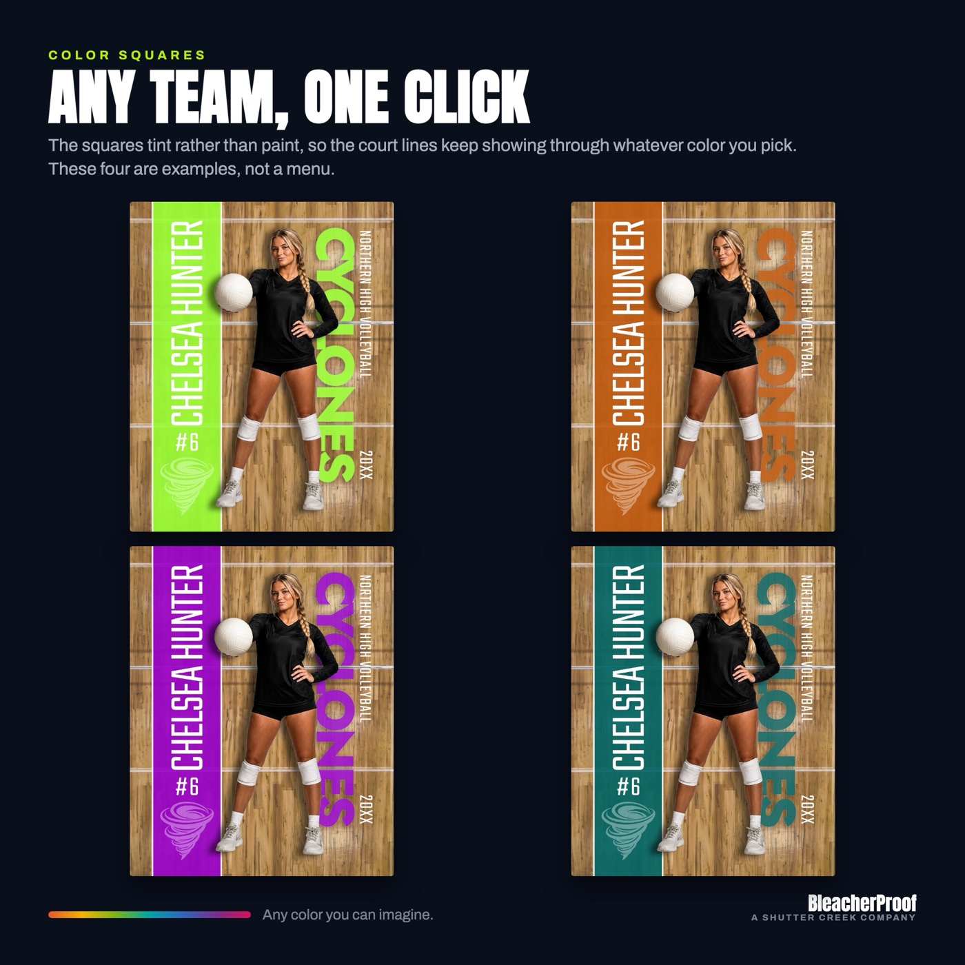 Volleyball poster template shown in four different team colors