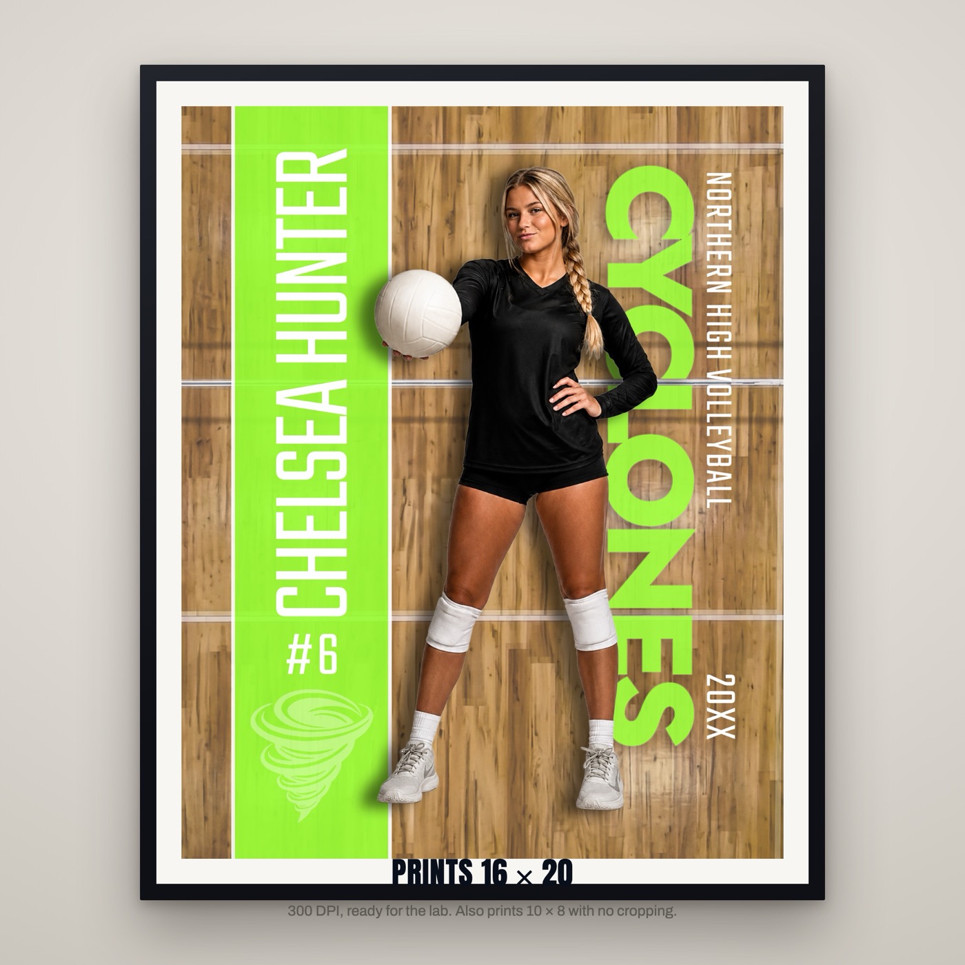 Volleyball poster template printed and framed on a wall